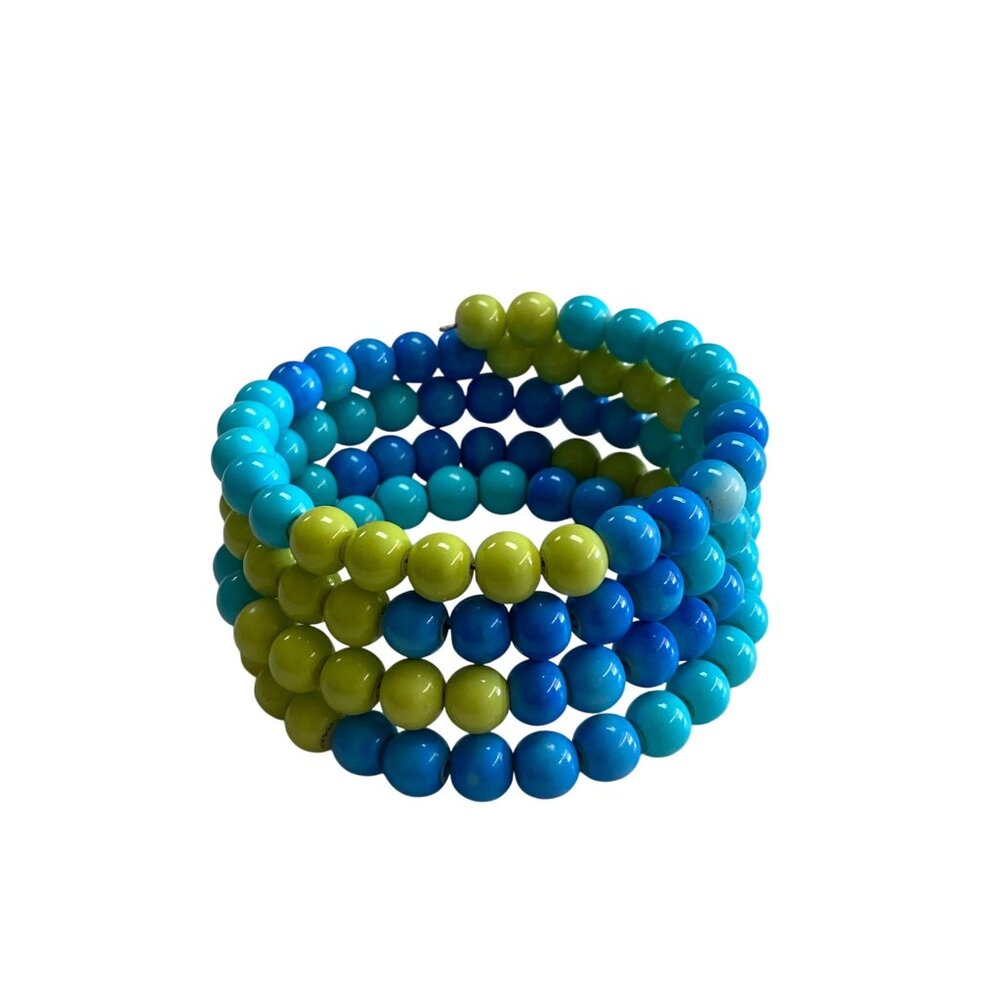 Colorful Handmade Beaded Stretch Bracelet Turquoise & Lime Green. - Picture 2 of 6